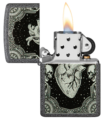Зажигалка ZIPPO Heart Design с покрытием Iron Stone, латунь/сталь, серая, 38x13x57 мм