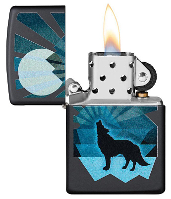 Зажигалка ZIPPO Wolf and Moon с покрытием Black Matte, латунь/сталь, чёрная, матовая, 38x13x57 мм