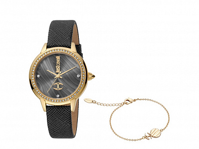 Подарочный набор: часы наручные женские, браслет (Корпус- розовое золото, циферблат- серый, крепление- черный)
