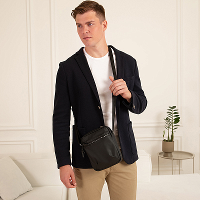 Сумка наплечная BUGATTI Blanc, чёрная, тарпаулин/полиэстер, 17х4,5х21 см