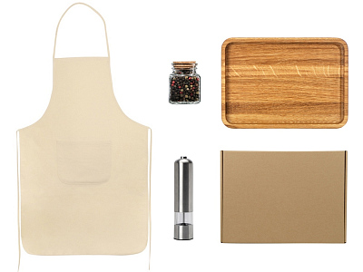 Подарочный набор для кухни с фартуком, подносом, мельницей и специями (Коричневый) Подарочный набор для кухни с фартуком, подносом, мельницей и специями (Коричневый)