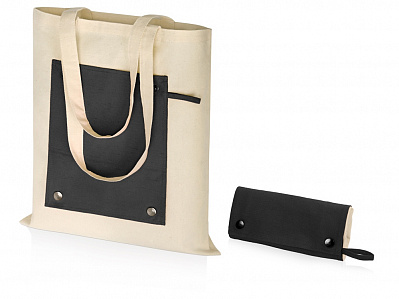 Складная хлопковая сумка для шопинга Gross с карманом, 180 г/м2 (Натуральный/черный)