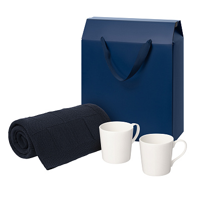 Подарочный набор Siena, Cella, синий в коробке-пакете (две фарфоровых кружки, плед) (Синий, белый)