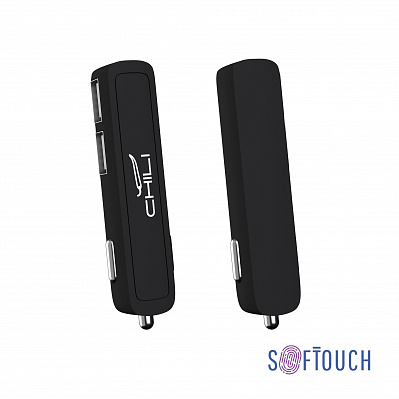 Автомобильное зарядное устройство "Slam" с 2-мя разъёмами USB, покрытие soft touch  (Черный)