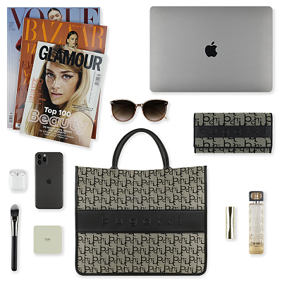 Сумка-тоут BUGATTI Elea, бежево-черный цвет, жаккард/воловья кожа/полиэстер 41 х 15 х 34,5 см