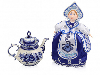Подарочный набор Гжель: кукла на чайник, чайник заварной с росписью (Белый/синий)