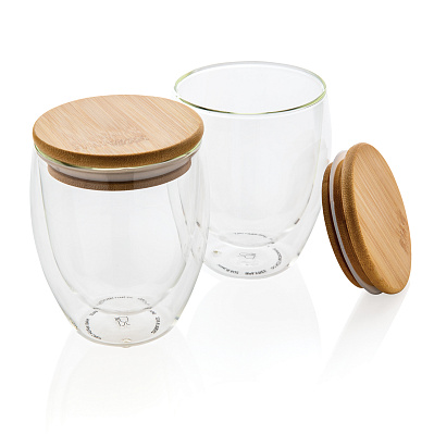 Набор стаканов из боросиликатного стекла с двойными стенками и бамбуковой крышкой, 250 мл (Прозрачный;)