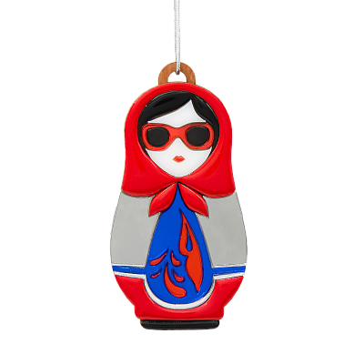 Ёлочная игрушка Матрёшка с узорами (красный с синим)