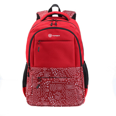 Рюкзак TORBER CLASS X  с орнаментом, 45 x 30 x 18 см + Мешок для сменной обуви в подарок! (Красный)