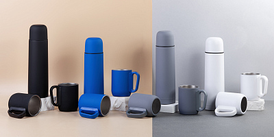 Набор "Гейзер" (термос, 2 кружки), покрытие soft touch, серый