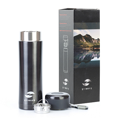 Термокружка Stinger, 0,42 л, сталь/пластик, чёрный глянцевый, 7,5 х 6,9 х 22,2 см