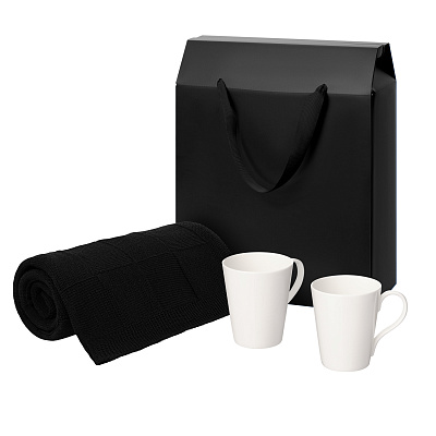 Подарочный набор Vesta, Cella, черный в коробке-пакете (две фарфоровых кружки, плед) (Черный, белый)