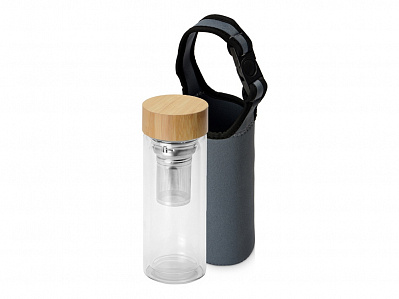Стеклянный термос с ситечком Badachu в чехле (Бутылка- прозрачный, натуральный, серебристый, чехол- серый)
