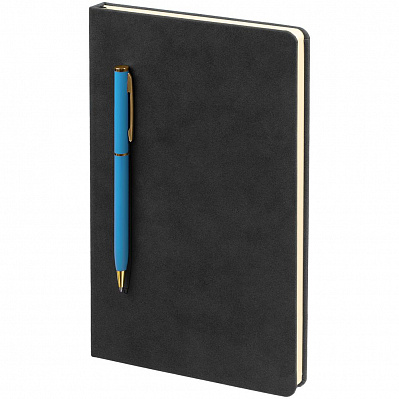Блокнот Magnet Gold с ручкой, черный с голубым (Голубой)