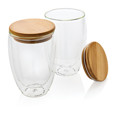 Набор стаканов из боросиликатного стекла с двойными стенками и бамбуковой крышкой, 350 мл (Прозрачный;)