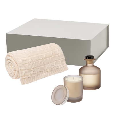 Подарочный набор Mizu, Fado, бежевый (свеча, диффузор, плед) (Бежевый, серый)