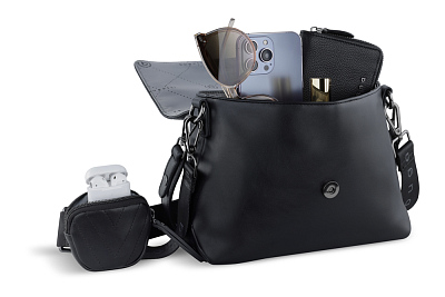 Сумка наплечная женская BUGATTI Sira, чёрная, полиуретан, 25х10,5х19 см