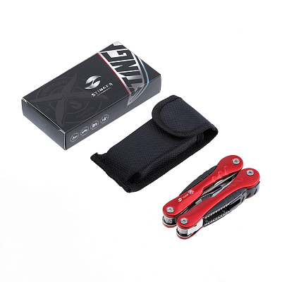 Мультитул Stinger, 103x45 мм, 15 функций, сталь, серебристо-красный, в комплекте нейлоновый чехол