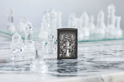 Зажигалка ZIPPO Chess Design с покрытием High Polish Black, латунь/сталь, черная, 38x13x57 мм