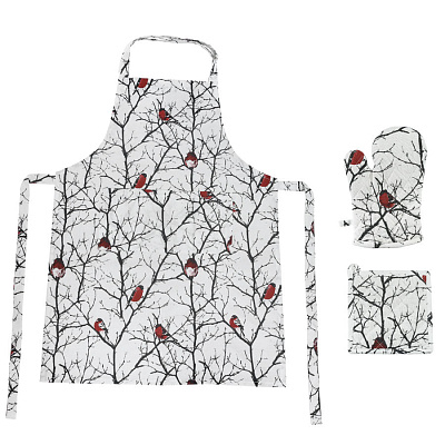Подарочный набор для кухни  "Снегири",хлопок 100%, передник и прихватки (Белый, красный)