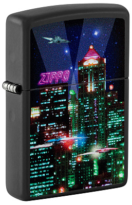 Зажигалка ZIPPO Cyber City с покрытием Black Matte, латунь/сталь, черная 38x13x57 мм (Черный)