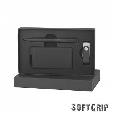 Набор ручка + флеш-карта 8Гб + зарядное устройство 4000 mAh в футляре, покрытие softgrip  (Черный)