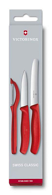 Набор из 3 ножей для овощей VICTORINOX: нож 8 см, нож 11 см, овощечистка, красная рукоять (Красный)