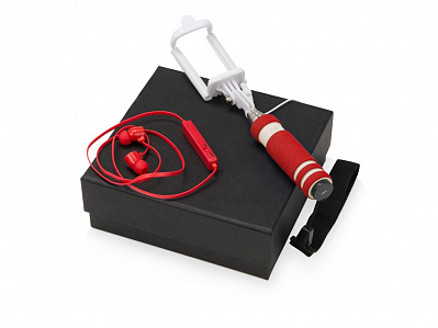 Подарочный набор Selfie с Bluetooth наушниками и моноподом (Красный/белый/бежевый)