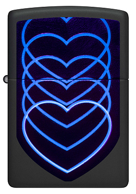 Зажигалка ZIPPO Hearts Design с покрытием Black Light, латунь/сталь, черная, матовая, 38x13x57 мм
