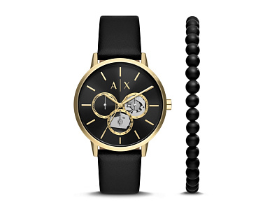Подарочный набор: часы наручные мужские с браслетом (Черный, желтое золото)