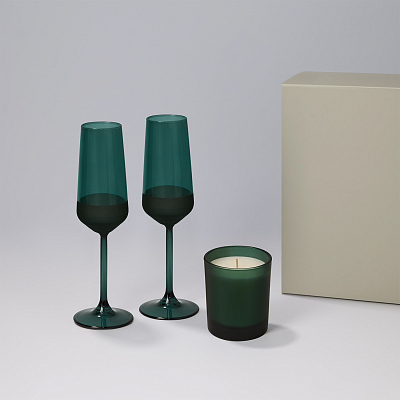 Подарочный набор свеча Enigma + 2 бокала для шампанского Emerald в серой коробке (Зеленый, серый)