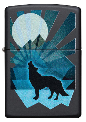 Зажигалка ZIPPO Wolf and Moon с покрытием Black Matte, латунь/сталь, чёрная, матовая, 38x13x57 мм