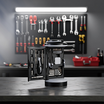 Набор инструментов "Pod" с фонарем, черный с серым