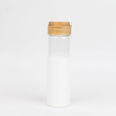Бутылка стеклянная с силиконовой манжетой и бамбуковой крышкой  Glass, белая