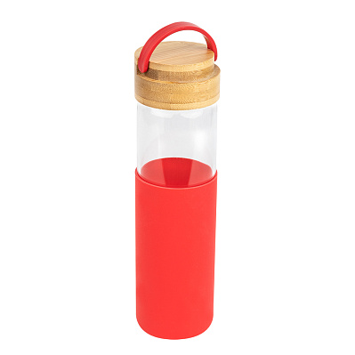 Бутылка стеклянная с силиконовой манжетой и бамбуковой крышкой  Glass, красная (Красный)