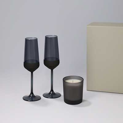 Подарочный набор свеча Enigma + 2 бокала для шампанского Black Edition в серой коробке (Черный, серый)