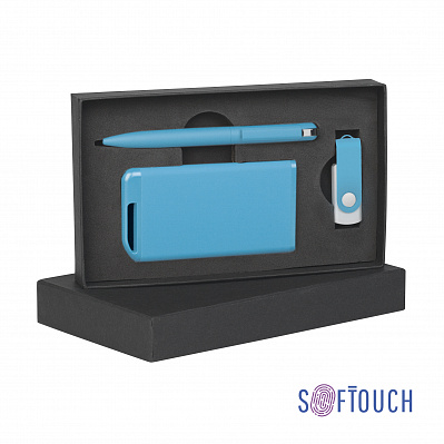Набор ручка + флеш-карта 16Гб + зарядное устройство 4000 mAh в футляре покрытие soft touch  (Голубой)