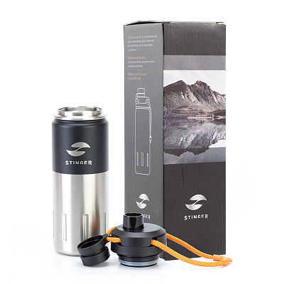 Термобутылка Stinger, 0,5 л, сталь/пластик, "черный карбон", 7,5 х 23,1 см