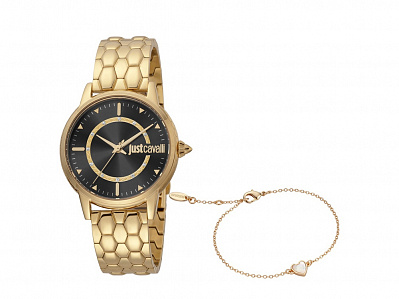 Подарочный набор: часы наручные женские, браслет (Корпус- золотистый, циферблат- черный, крепление- золотистый)