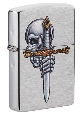 Зажигалка ZIPPO Sword Skull Desig с покрытием Brushed Chrome, латунь/сталь, серебристая, 38x13x57 мм (Серебристый)