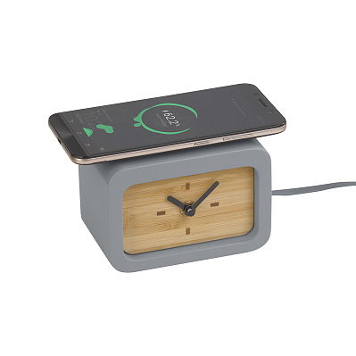 Часы "Stonehenge" с беспроводным зарядным устройством, камень/бамбук  (Серый/бежевый)