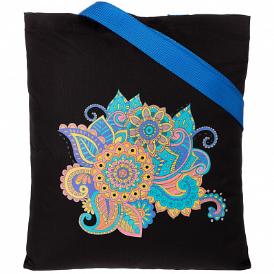 Холщовая сумка «Узор», черная с ярко-синими ручками (Синий)