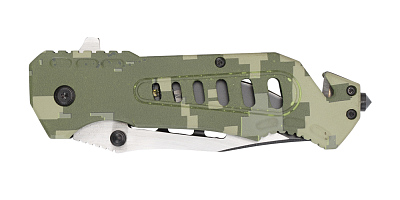 Нож складной Stinger, 88 мм (серебристый), материал рукояти: алюминий (зелёный камуфляж)