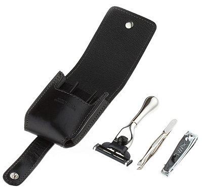 Дорожный бритвенный набор IL Ceppo в черном чехле: станок, лезвия, ножницы, щетка, расческа (Черный)
