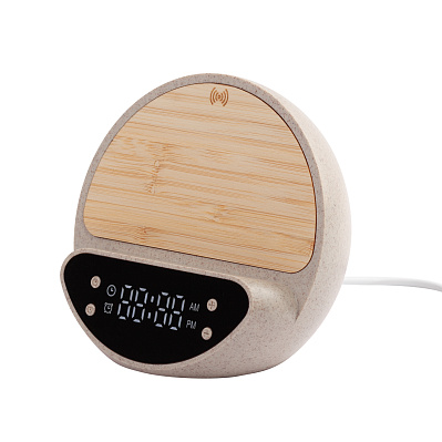 Настольные часы "Smiley" с беспроводным (10W) зарядным устройством и будильником, пшеница/бамбук/пластик  (Бежевый)