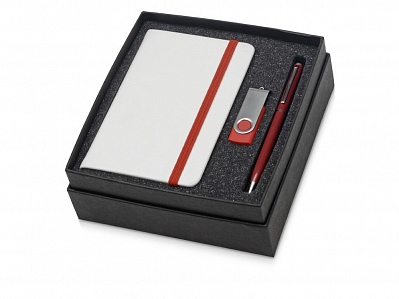 Подарочный набор Reporter Plus с флешкой, ручкой и блокнотом А6 (Красный/белый/серебристый)