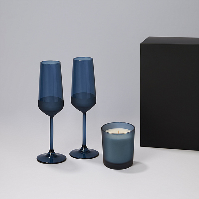Подарочный набор свеча Enigma + 2 бокала для шампанского Sapphire в черной коробке (Синий, черный)