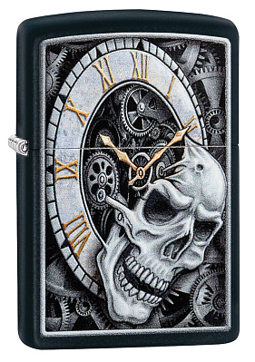 Зажигалка ZIPPO Skull Clock с покрытием Black Matte, латунь/сталь, чёрная, матовая, 38x13x57 мм (Черный)