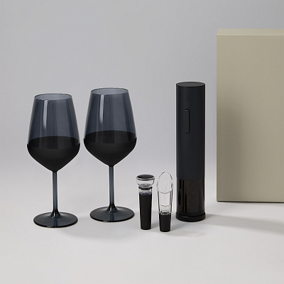 Подарочный набор 2 бокала для вина Black Edition + набор для вина Sacramento в серой коробке (Черный, серый)