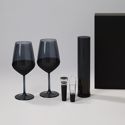 Подарочный набор 2 бокала для вина Black Edition + набор для вина Sacramento в черной коробке (Чёрный)